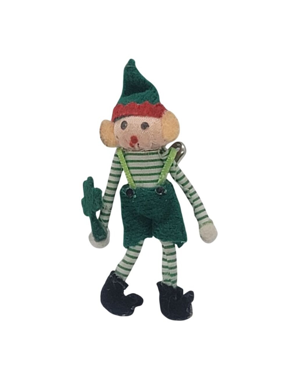 Vintage Elf Pin Plush Green & Red Holiday Accessory With Clover Decoration